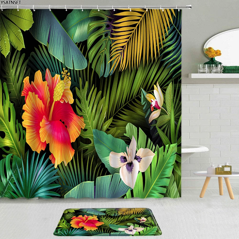 

2Pcs Tropical Plant Shower Curtain Palm Leaf Flower Flamingo Monstera Forest Fabric Non-Slip Bath Mat Cloth Curtains Bathroom Se