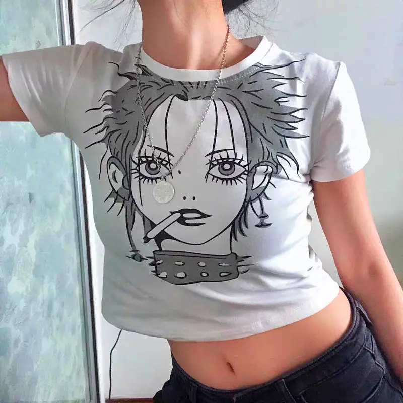 

2021 summer cotton trade white T-shirt sexy hot high waist tight trend open navel short sleeve cute top
