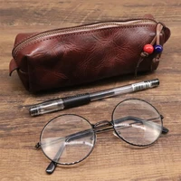 cylindrical genuine leather key case pen bag unisex pencil bag glasses wallet vintage leather pouch for lipstick eyebrow pencil