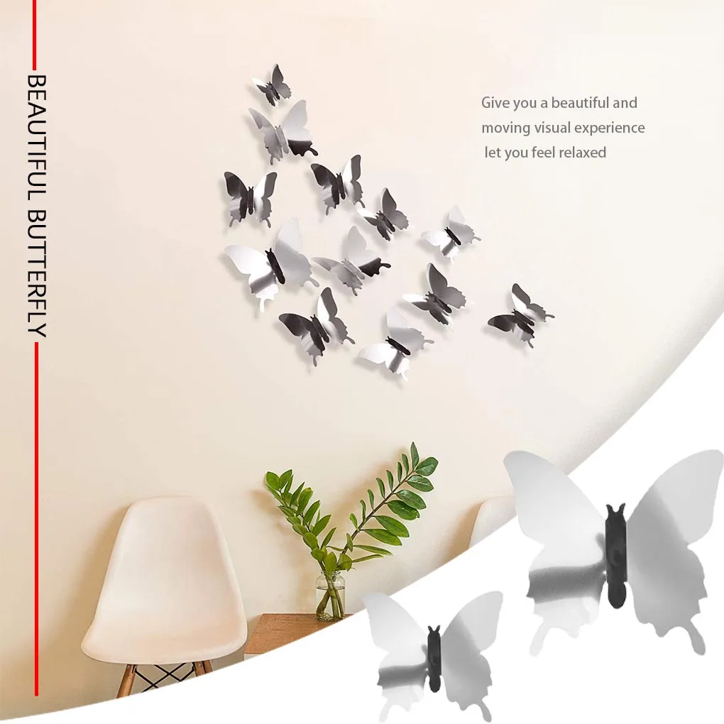 

48pcs Self-adhesive Mirror Wall Sticker Decal Butterflies 3D Mirror Wall Art Party Wedding Home Decors Butterfly fridge Wall