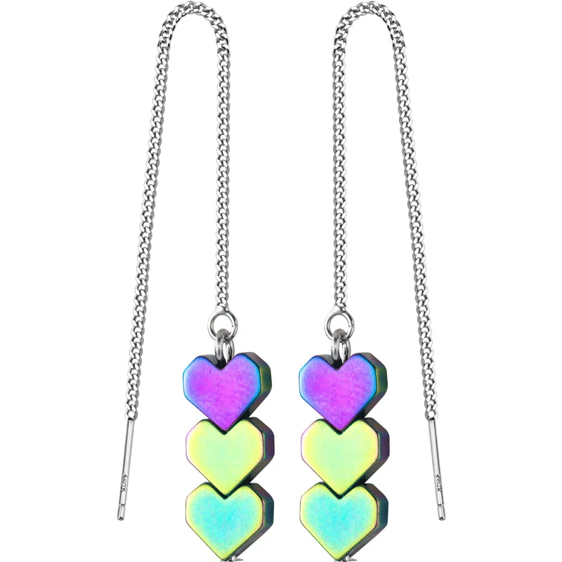 

100% Real 925 Sterling Silver Gradient Heart Dangle Earrings for Fashion Women Girls Sterling Silver Jewelry Gift