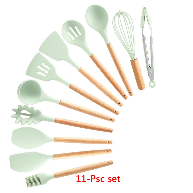 11-Pcs kitchen set 11-13 шт Силиконовая кухонная утварь набор кухонной утвари антипригарный шпатель Премиум деревянная ручка с ящиком для хранения кухонные инструменты - Цвет: 11-Pcs kitchen set