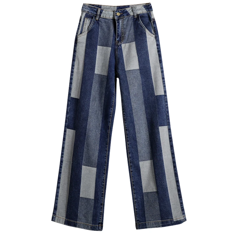 Европейская мода Контрастность Цвет широкие брюки джинсы для женщин женские