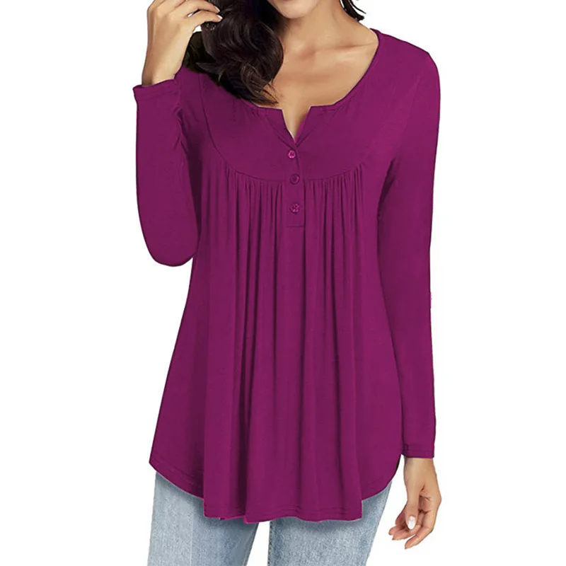 

S-5XL Plus Size Fall Women Clothes Solid Color Slim T-Shirt Long Sleeve Top Female Button Casual Women Pullovers Cotton Tee 2020