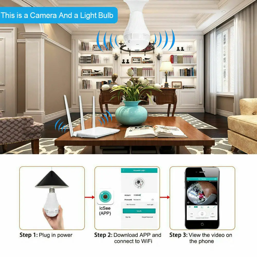 

HD WIFI CAMERA 360 Panoramic Fisheye Cam Bulb Light Panoramic Home Security Security WiFi CCTV Fisheye Bulb Lamp