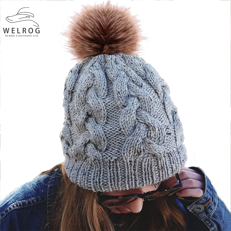 

WELROG Autumn 10cm Hair Ball Skullies Simple Solid Braiding Knitting Winter Outdoor Warm Caps Double Layer Thick Velvet Warm Hat
