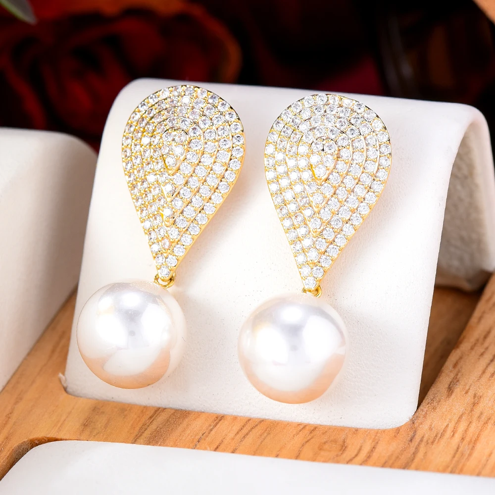 

KellyBola Brand New Korean Trendy High Quality Big Pearl Drop Zirconia Earrings Women's Party Jewelry G1132A