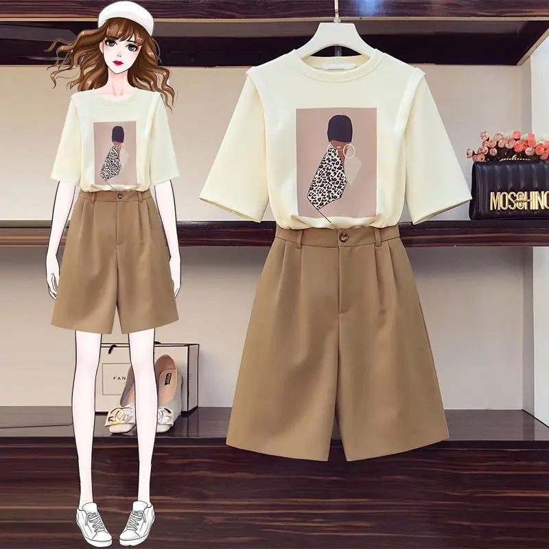 

2021 Fashion Women's Summer New Style Printed Thin Half-sleeved Short-sleeved Cotton T-shirt Suit Shorts Girl Two-piece Suit