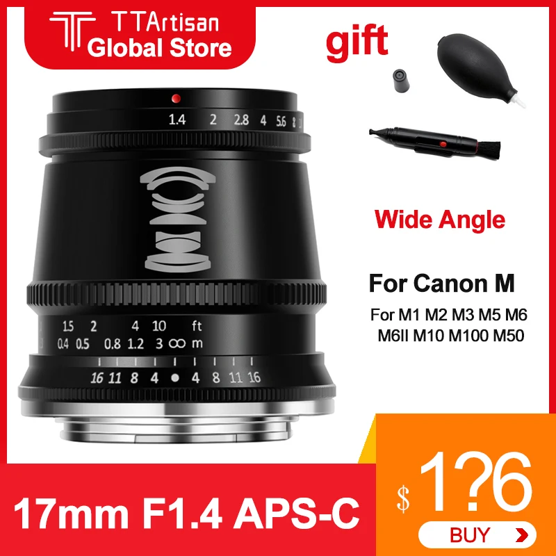 

TTArtisan 17 мм F1.4 объектив для Canon M Mount для M1 M2 M3 M5 M6 M6II M10 M100 M50 Большая диафрагма фотообъектив с широким углом