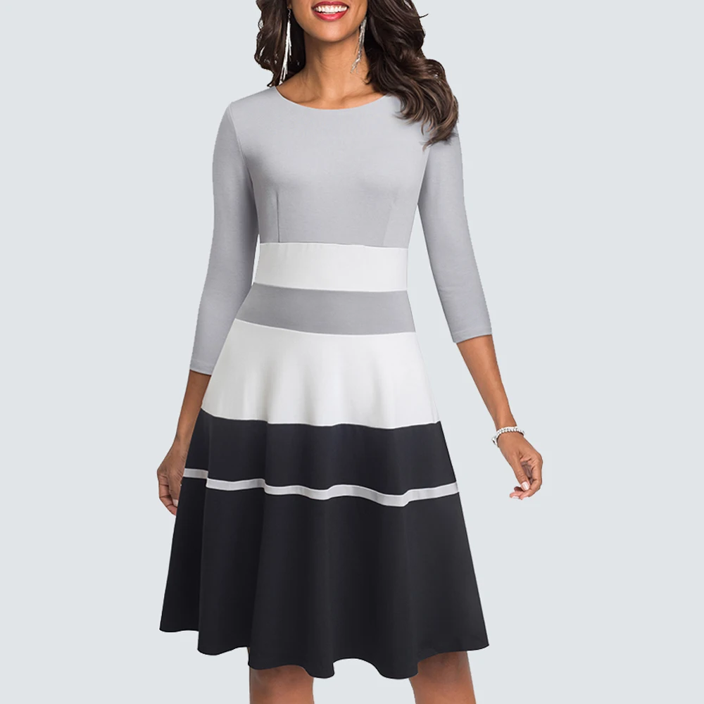 

Осеннее модное лоскутное элегантное ТРАПЕЦИЕВИДНОЕ повседневное облегающее платье в полоску с круглым вырезом для вечерние HA173