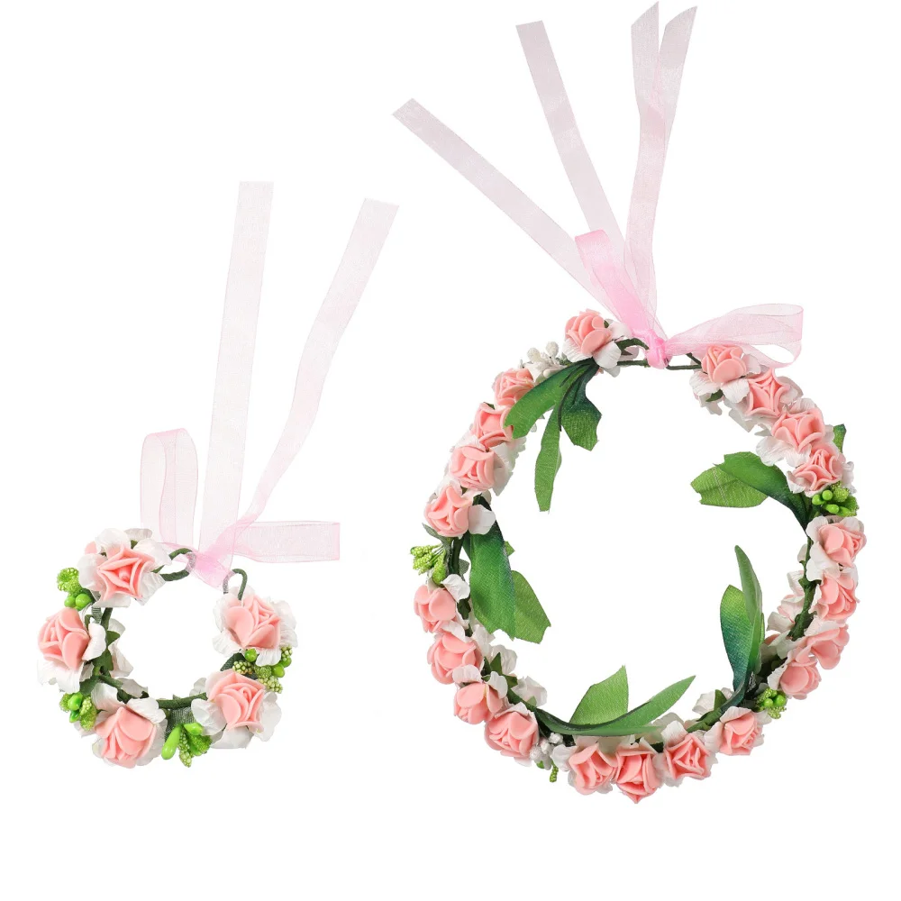 

2Pcs Party Decorative Flower Headband Bracelet Simulated Flower Wreath Headdress