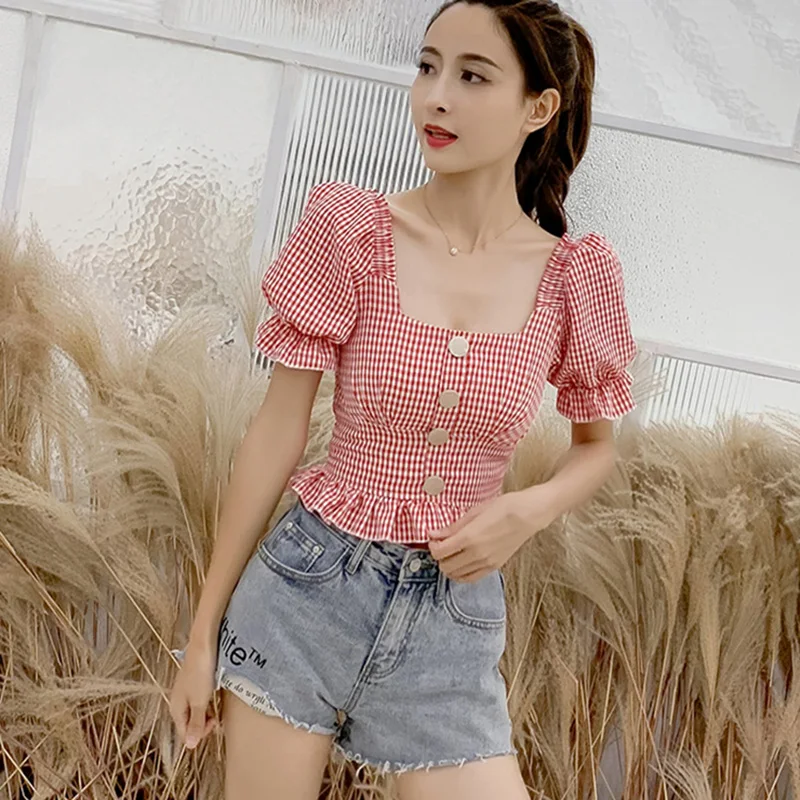 Женская шифоновая блузка в клетку с квадратным вырезом | одежда