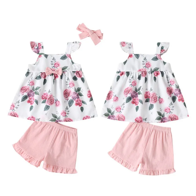 

Casual Baby's Sets Baby Girl Summer Bowknot Printed Top Solid Color Shorts Set baby suits cute baby girl suits for 3-24M baby
