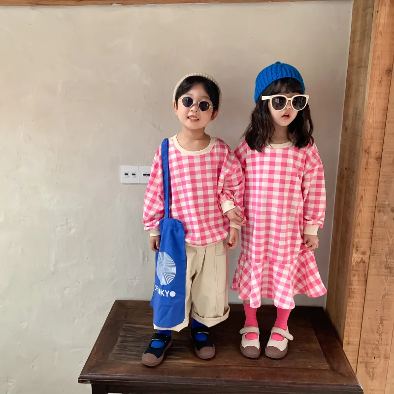 

Spring autumn siblings fashion plaid clothes korean style boys long sleeve casual sweatshirt Girls cotton loose Mermaid dress