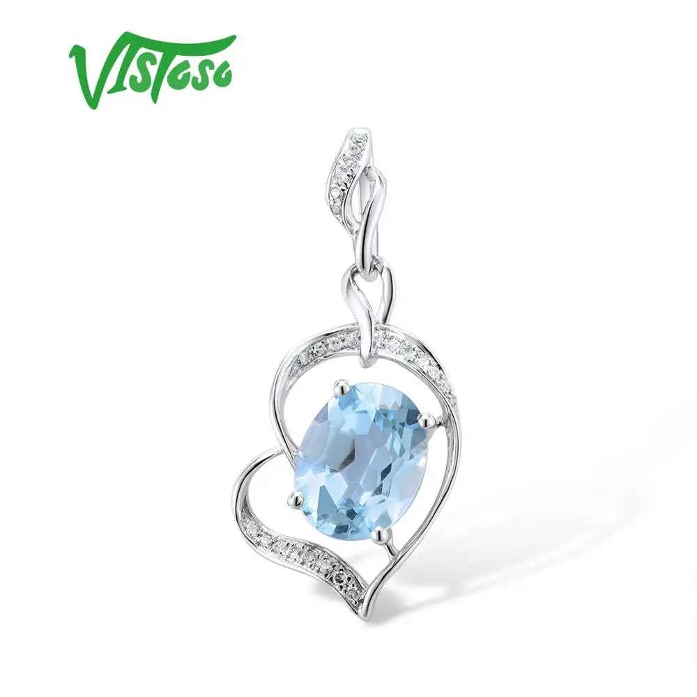

VISTOSO 14K 585 White Gold Trendy Pendant For Women limpid Blue Topaz Shiny Diamond Lovely Pendant Anniversary Fine Jewelry