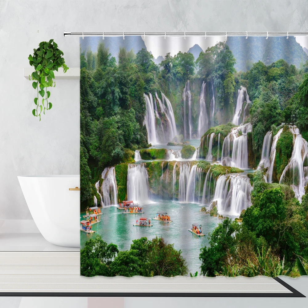 

Занавеска для душа с 3d-изображением водопада, водонепроницаемая садовая Штора для ванной комнаты, с лесными горами, лодкой, ландшафтом, s с к...