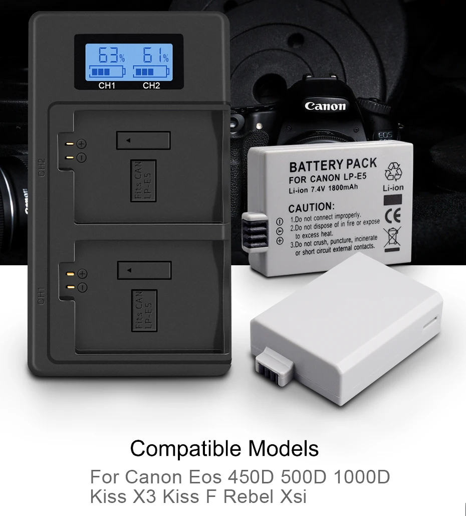 PALO LP-E5 LPE5 ЖК USB зарядное устройство+ 2 шт. LP E5 аккумуляторная батарея для Canon EOS 450D 500D 1000D Kiss X3 Kiss F Rebel Xsi