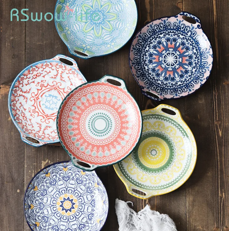 

Binaural Ceramic Dish Creative Main Dish Home Deep Dish Hand-painted Retro Underglaze China Plates For Dishes and Plates Sets