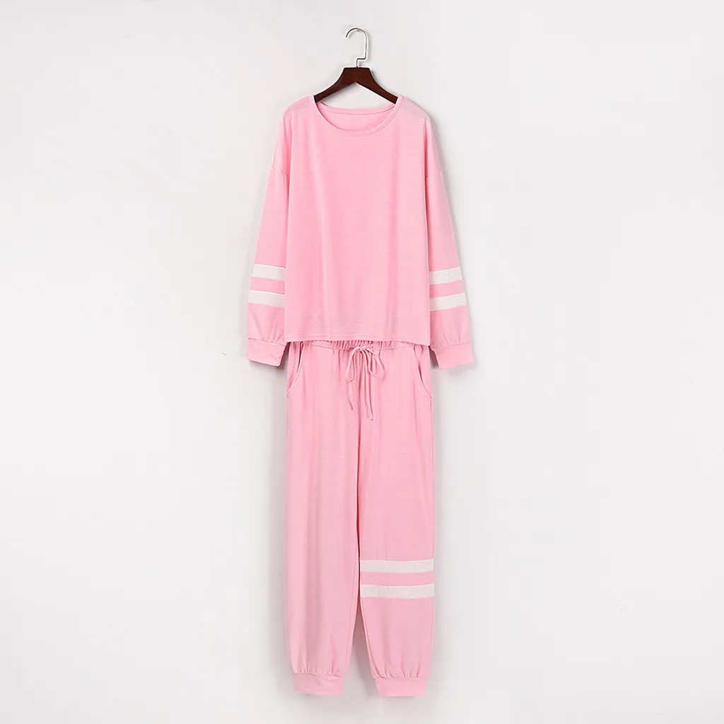 

2Pcs hoodie Coat women's Long sleeve Stripe Print Sets Leisure Wear Lounge Wear Suit Home Tops+Pants