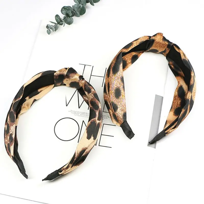 

Women Girls Boho Vintage Large Leopard Pattern Digital Printing Headband Tie Knotted Middle Wide Hair Hoop All-Match Retro