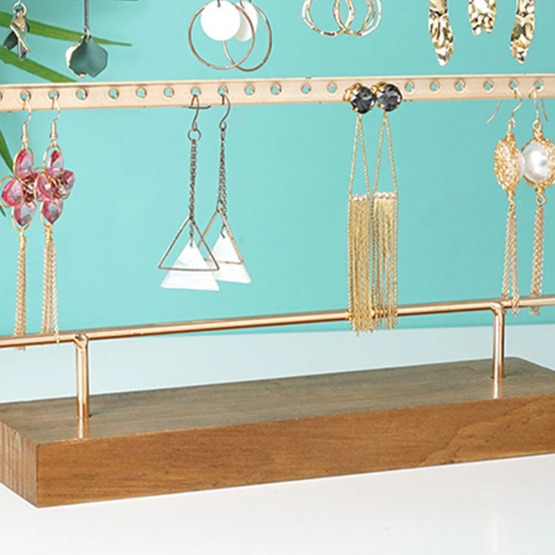 

Jewellery Stand Earring Holder Jewelry Display Storage Organiser Rack with 66 holes Metal Bar Solid Wood Base for Women Girls