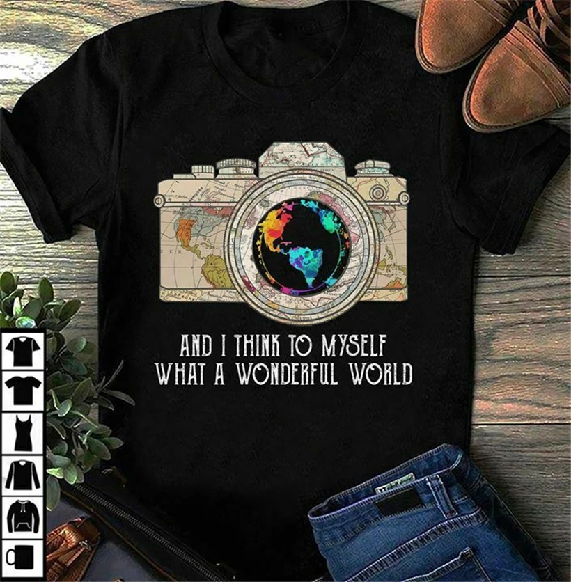 What A Wonderful World фотография камера мир футболка черный хлопок для мужчин S-6Xl уличная