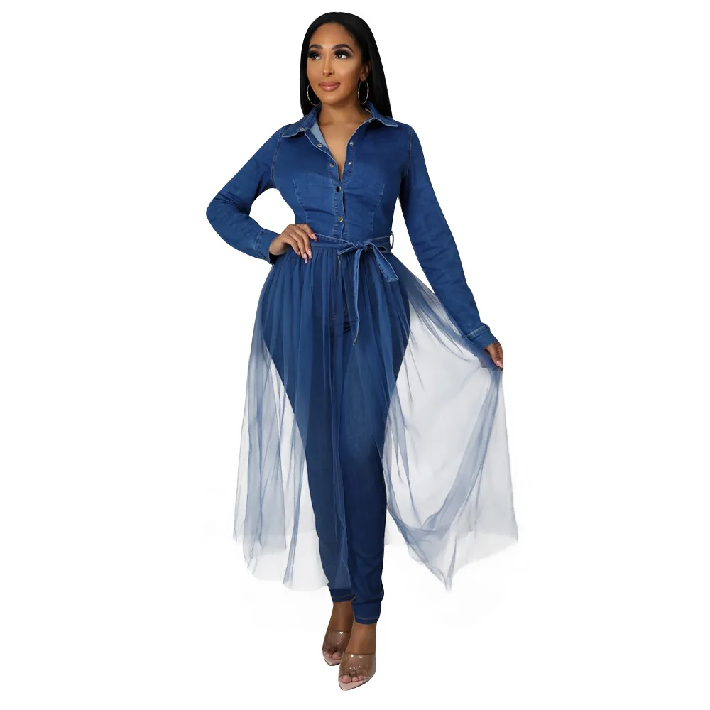 

ARIANA Autumn Winter Women Casual Fashion High Elastic Washed Denim Stitching Mesh Jacket Long Trench Coat Hot Top 001