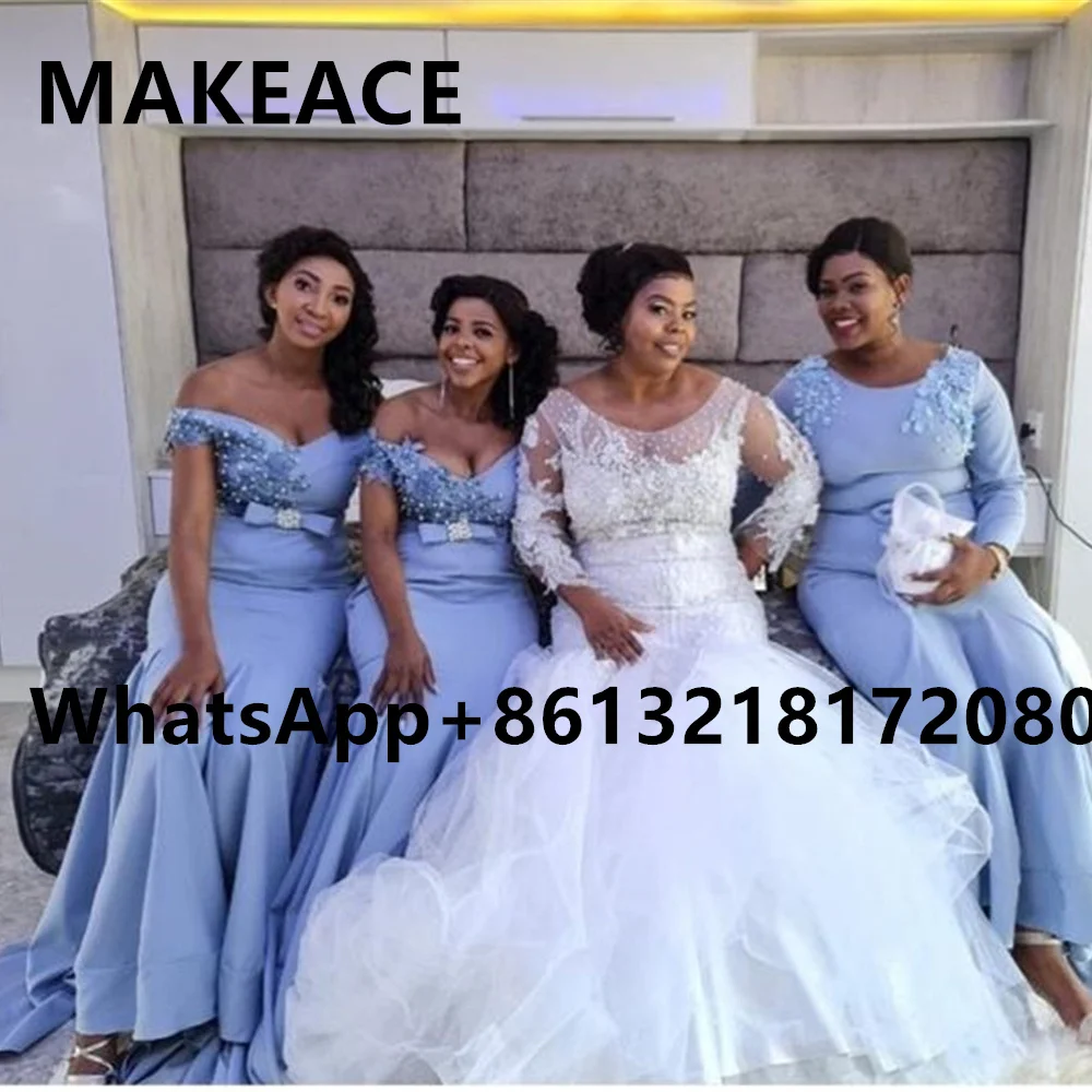 

Blue Mermaid Bridesmiad Dresses Off The Shoulder 2022 Top Appliques Long Sleeve Africa Girls Formal Women Wedding Party Dress