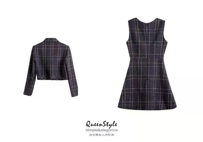 

2021 Autumn Runway New High Quality Tweed 2 Piece Set Women Long Sleeve Plaid Jacket Coat + Sleeveless Vest Dress Tweed Package