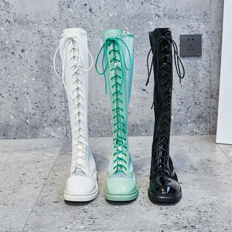 

2021 Genuine Leather Hollow Out Sexy Summer Boots Women Mesh Lace Up Knee High Boots Ladies Low Heel Gladiator Botas Mujer P12B