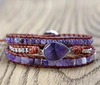 natural stone amethyst beaded leather wrapped with three loops of wrap art bracelet bohemian jewelry gift