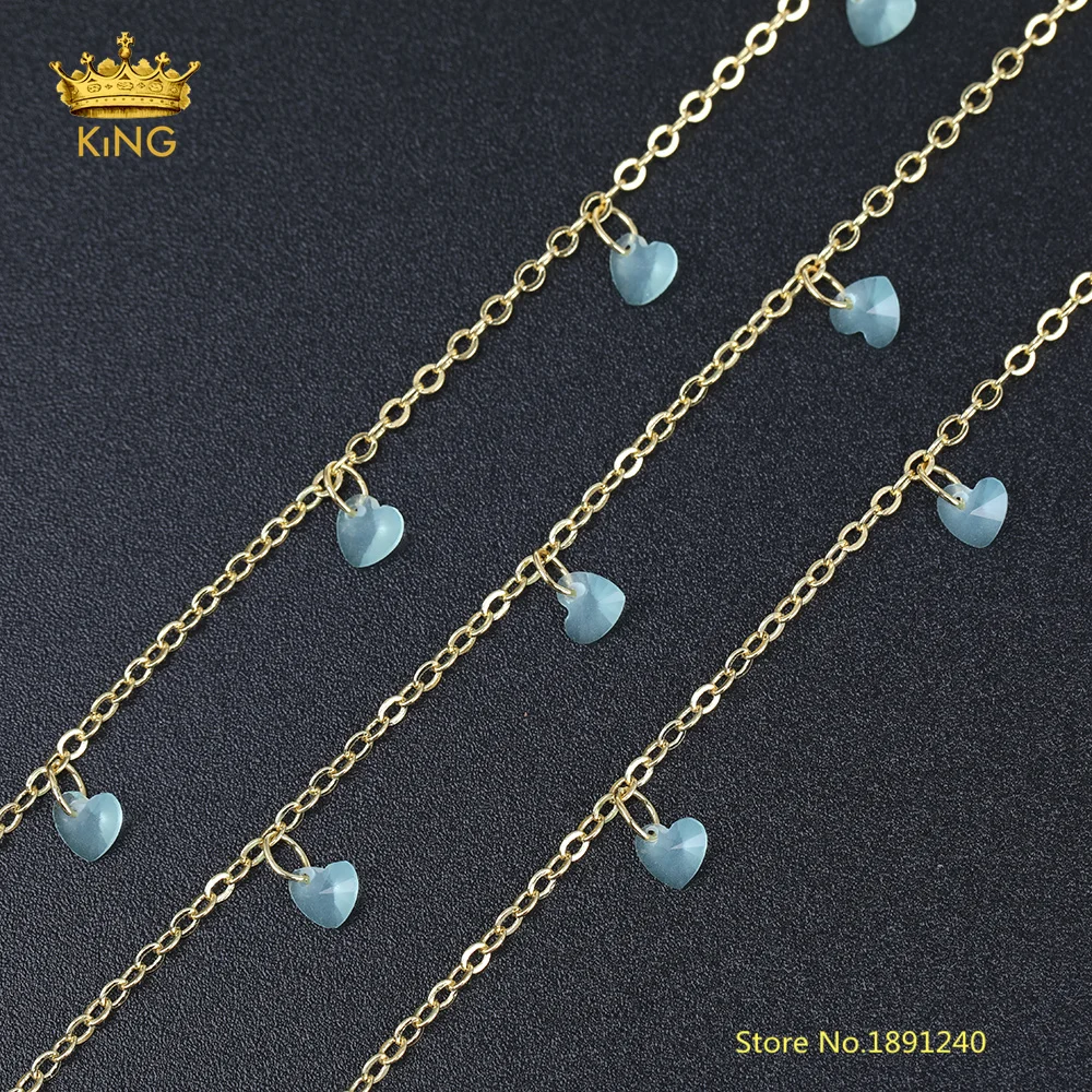 

5meters 4mm Heart K9 Glass Beaded Chains Boho Necklace,Crystal Glass Wire Wrapped Gold Copper Rosary Chain for Body Chains Jewel
