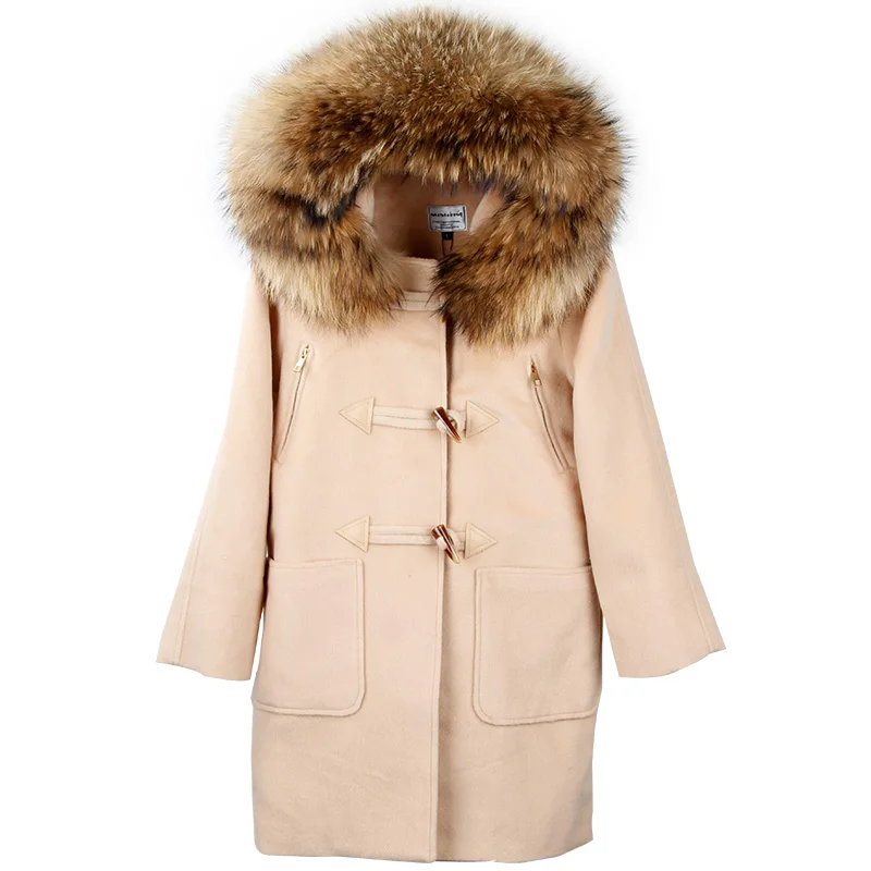 

Maomaokong-2021 chaqueta de piel auténtica para mujer abrigo de lana de cachemira con cuello de piel de mapache natural suelto