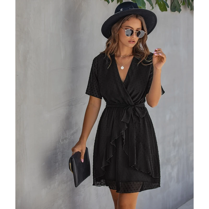 

Women Dress Casual Ruffle Bow Lacing-Up Summer Fitted Mini Short Clothing High Waist Dress M Size Black