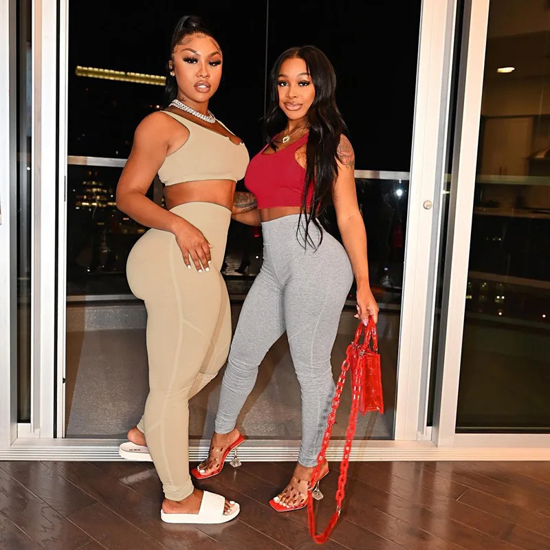 

2021 summer women's new sexy hip hip tights trousers sleeveless slim vest sports suit