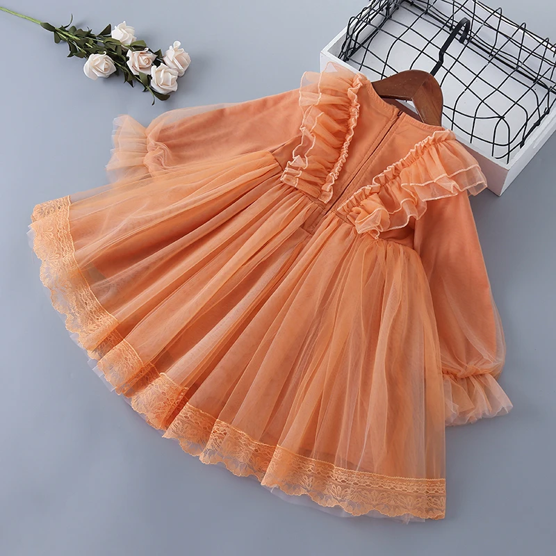 

3-7 Years High Quality Spring Girl Dress 2021 New Lace Chiffon Flower Draped Ruched Kid Children Clothing Girl Princess Dress