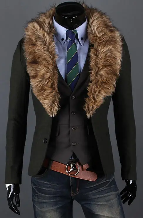 Зимняя куртка Для мужчин два пряжками Slim Fit Повседневное пальто для мальчиков со съемным меховым воротником теплая верхняя одежда