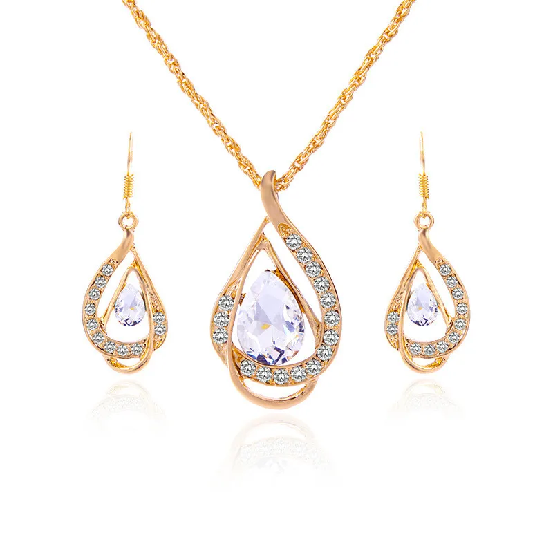 

Vintage Female Rainbow Jewelry Set Charm Gold Color Dangle Earrings For Women Simple Zircon Geometry Wedding Chain Necklace