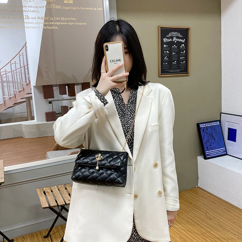 

New Diamond Grid Crown Women'S Messenger Bags Fresh PU Solid Color Female Shoulder Bag Phone Cosmetic Ladies Bag Free Shipping