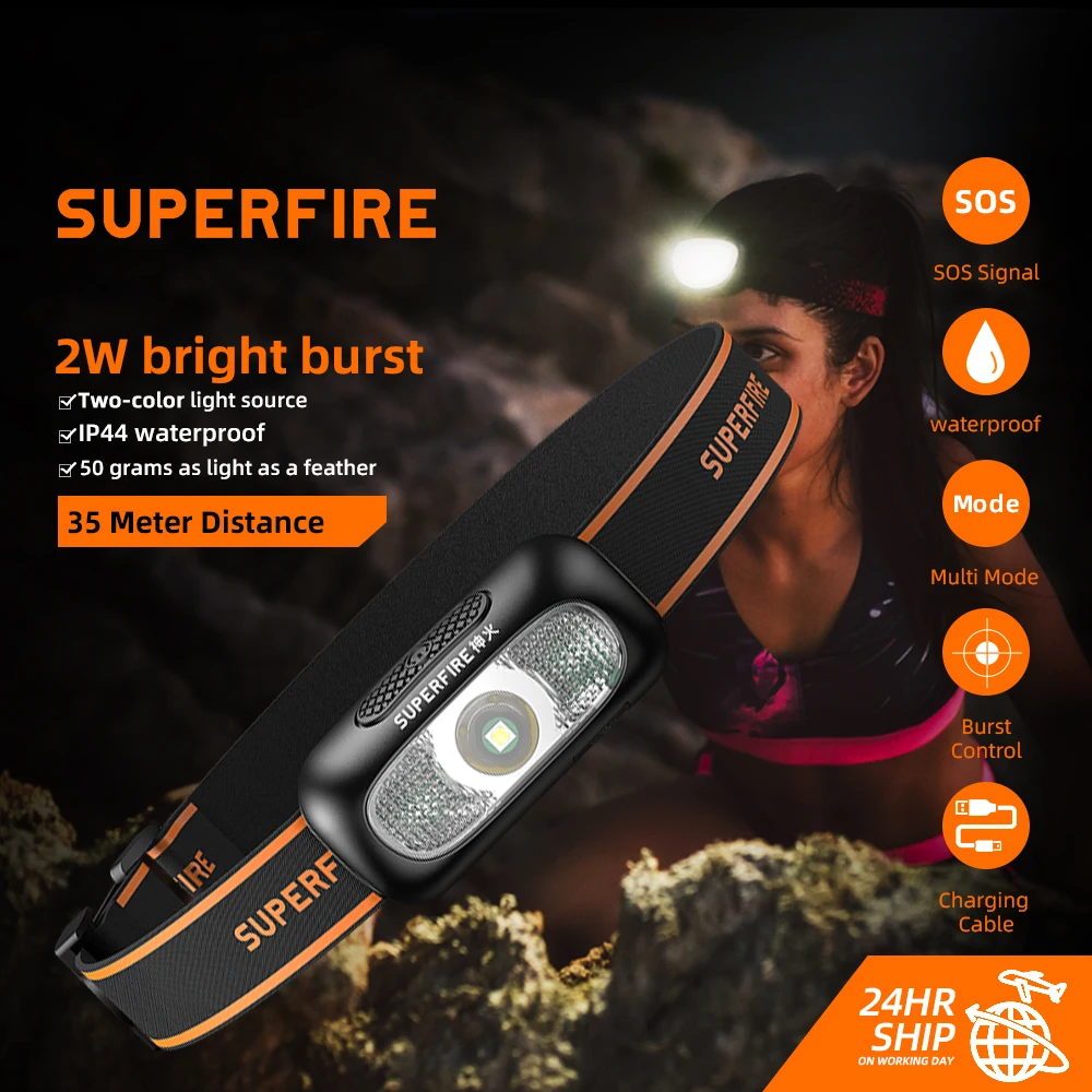 

SUPERFIRE HL05-D Powerful Headlamp 50g Night Fishing Long-range USB Rechargeable Outdoor Head-mounted flashlight Emergency Light