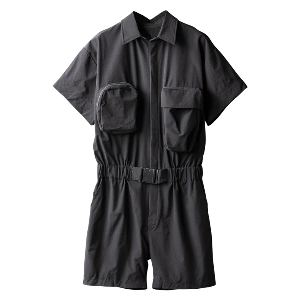 

Men's Multi Pockets Black Short Sleeve Jumpsuits Shorts Turn Down Collar Elastic Waist Cargo Playsuits Overalls
