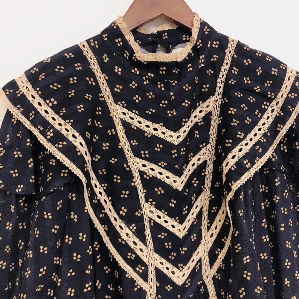 

Women's Lace Stitching Mini Dress Retro Floral Printed Ruffles Long Sleeve 2020 New Dresses