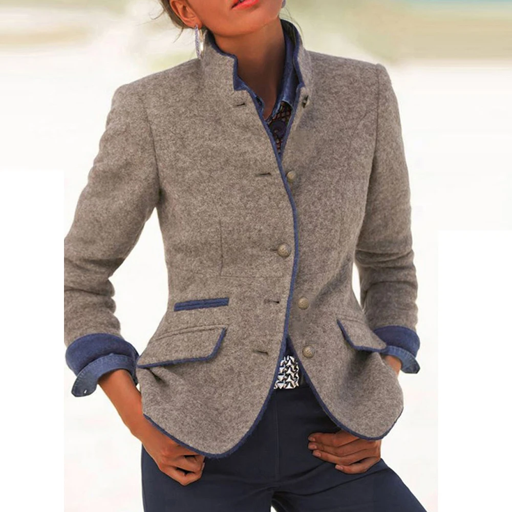 

Ladies Solid Color Vintage Coat Jacket 2021 Women Office Tops Stand Collar Button Jackets Casual Elegant Slim Outerwear Coats