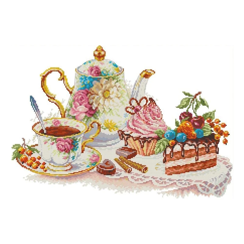 

11CT Stamped Cross Stitch Kits Beginner DIY DMC Pre-Printed Embroidery Kit Hand Needlework-Afternoon Tea