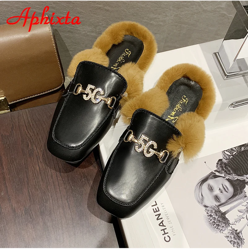 Aphixta/тапочки на Плоском Каблуке; женская обувь; Роскошные шлепанцы на меху со змеиным принтом и металлическими украшениями; женская теплая обувь; Mujer