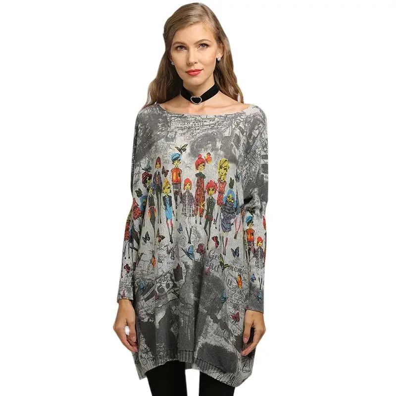 

Autumn Large Size Simple Printing Knitwear Bat Sleeve Pullover Sweater Women Hot Sell 2020 Retro Fabric Knitting Loose