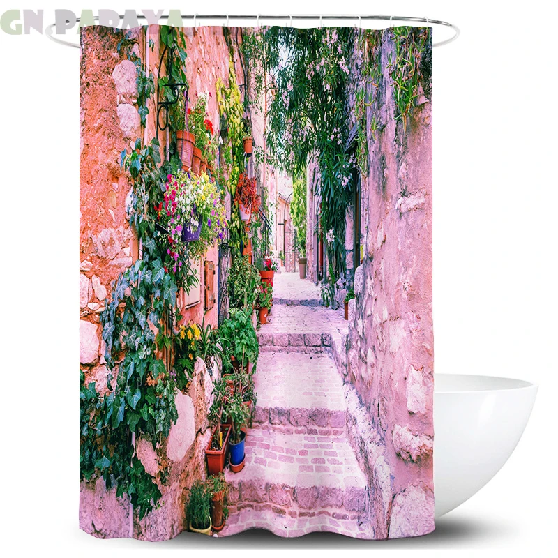 

Town street view Bath Curtains farmhouse decor Waterproof Polyester romantic landscape Shower Curtains Screen with hooks new