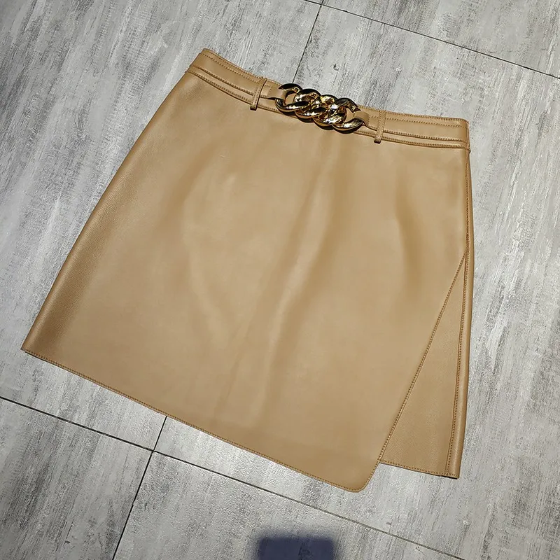 

Fashion Design Chain High Waist A Line Skirt Women Asymmetrical Sheepskin Genuine Leather Skirts Solid Color Sexy Mini Skirts