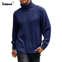 ladiguard knitted sweater mens autumn england style fashion skinny top turtleneck pullovers sweater dark blue men clothing 2021