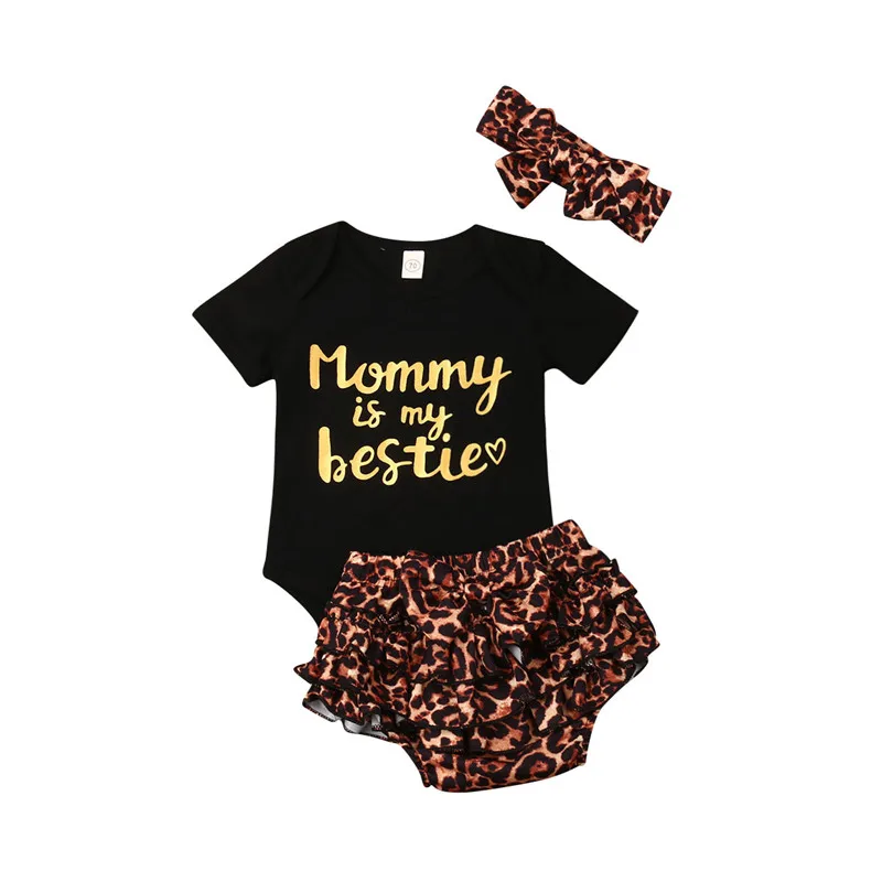 

Newborn Infant Baby Girls Leopard outfits Summer Romper Tops Jumpsuit Ruffles Printed Shorts Headband Outfits Clothes 3pcs 0-18M